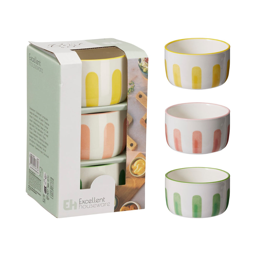 Kitchenware Stripe Bowl Set | Set of 3, Assorted Colours, Glazed, Stackable