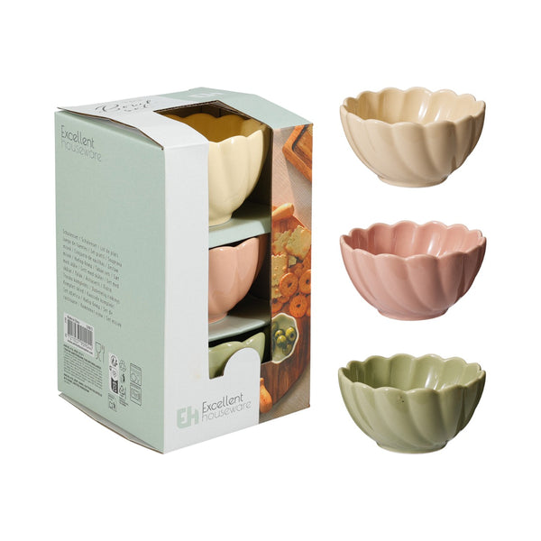 Kitchenware Ribbed Flower Dip Bowl Set | Pack of 3, Assorted Pastel Colours
