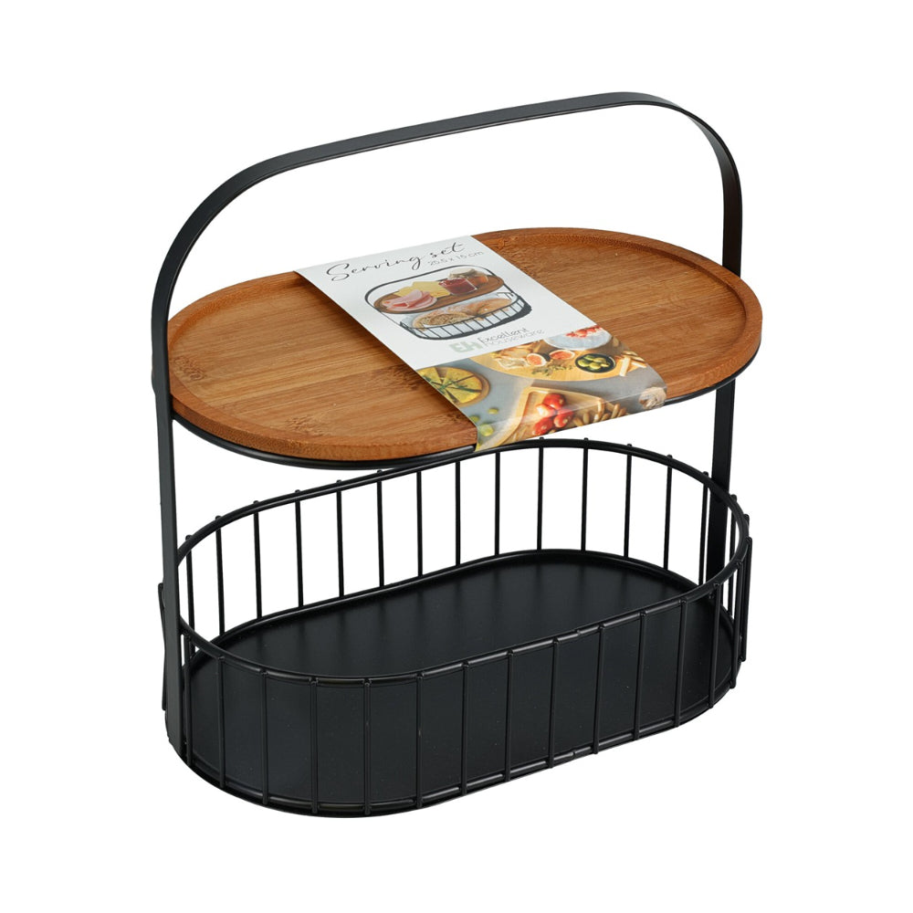 Kitchenware Two-Tier Black Metal Serving Set | Wood Tray, 25 x 16 cm