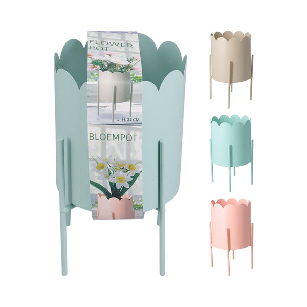 Home Decor Scalloped Rim Flower Pot Planter | On Stand, 22 cm, Assorted Colours