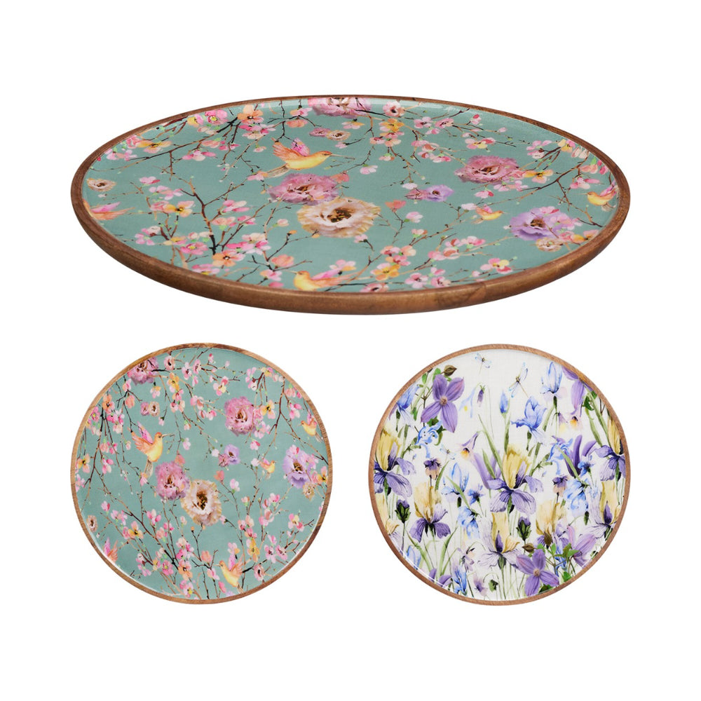Large Wood Round Floral Design Serving Platter | 30cm Diameter