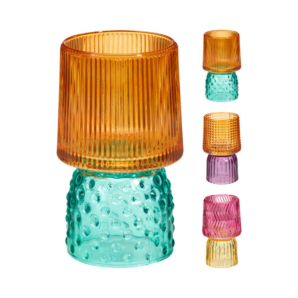 Glass Tealight Holder Lamp | 13cm High, Assorted Colours, Mixed Designs