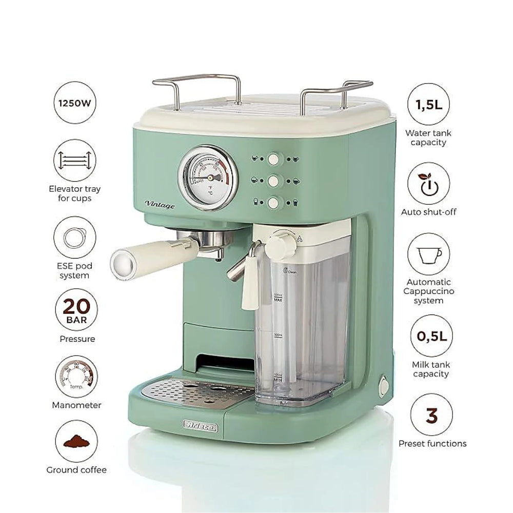 Ariete Vintage Green Espresso Coffee Machine | Pressure Gauge, Milk Frother