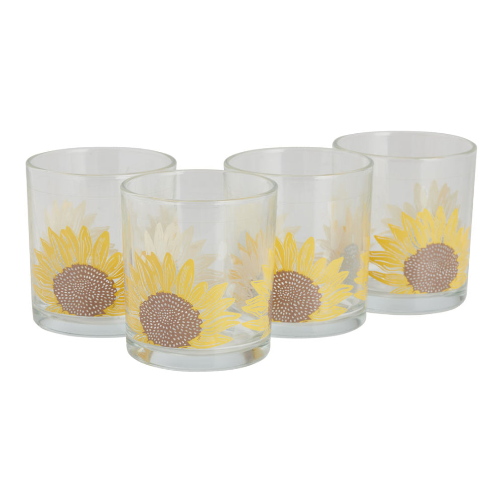 Sunflower Print Glass Tumblers | Pack of 4, Clear, Weighted Base