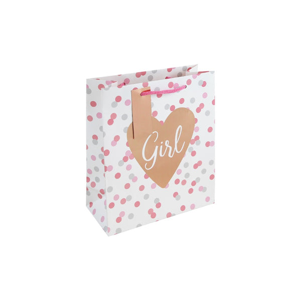 Baby Girl Medium Gift Bag | Pink Polka Dot, Heart Motif and Gift Tag
