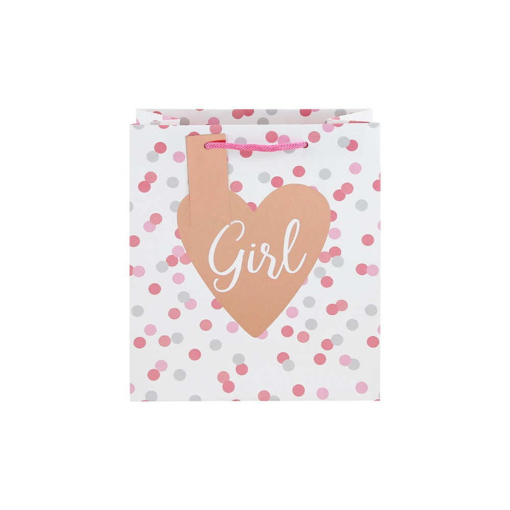 Baby Girl Medium Gift Bag | Pink Polka Dot, Heart Motif and Gift Tag