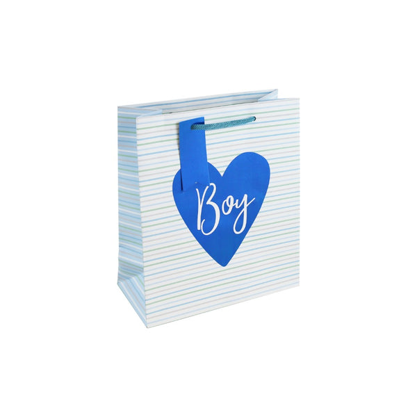 Baby Boy Medium Gift Bag | Blue Heart Detail, Striped Pattern