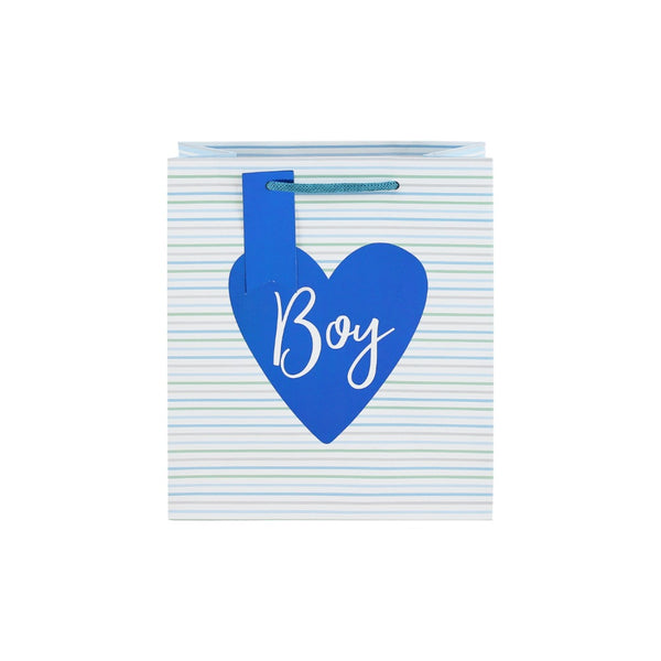 Baby Boy Medium Gift Bag | Blue Heart Detail, Striped Pattern