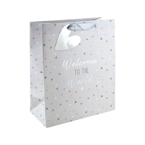Welcome to the World Large Baby Gift Bag | Grey, Pastel Hearts