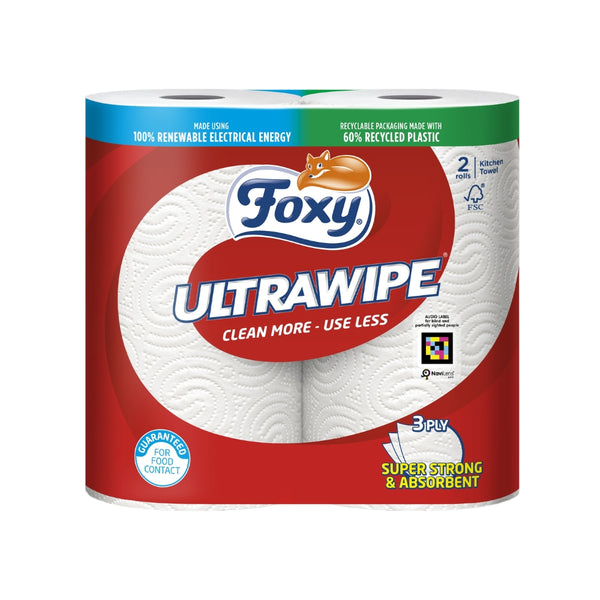 Foxy UltraWipe Strong Absorbent Kitchen Towel | 2 Rolls, 3-Ply, FSC Certified