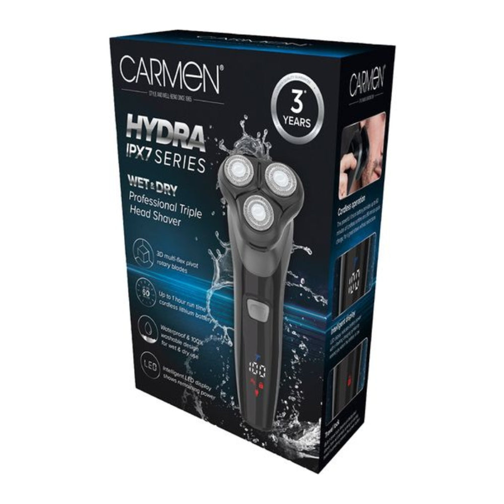 Carmen Professional IPX7 Rotary Electric Shaver | Triple Head, LED Display