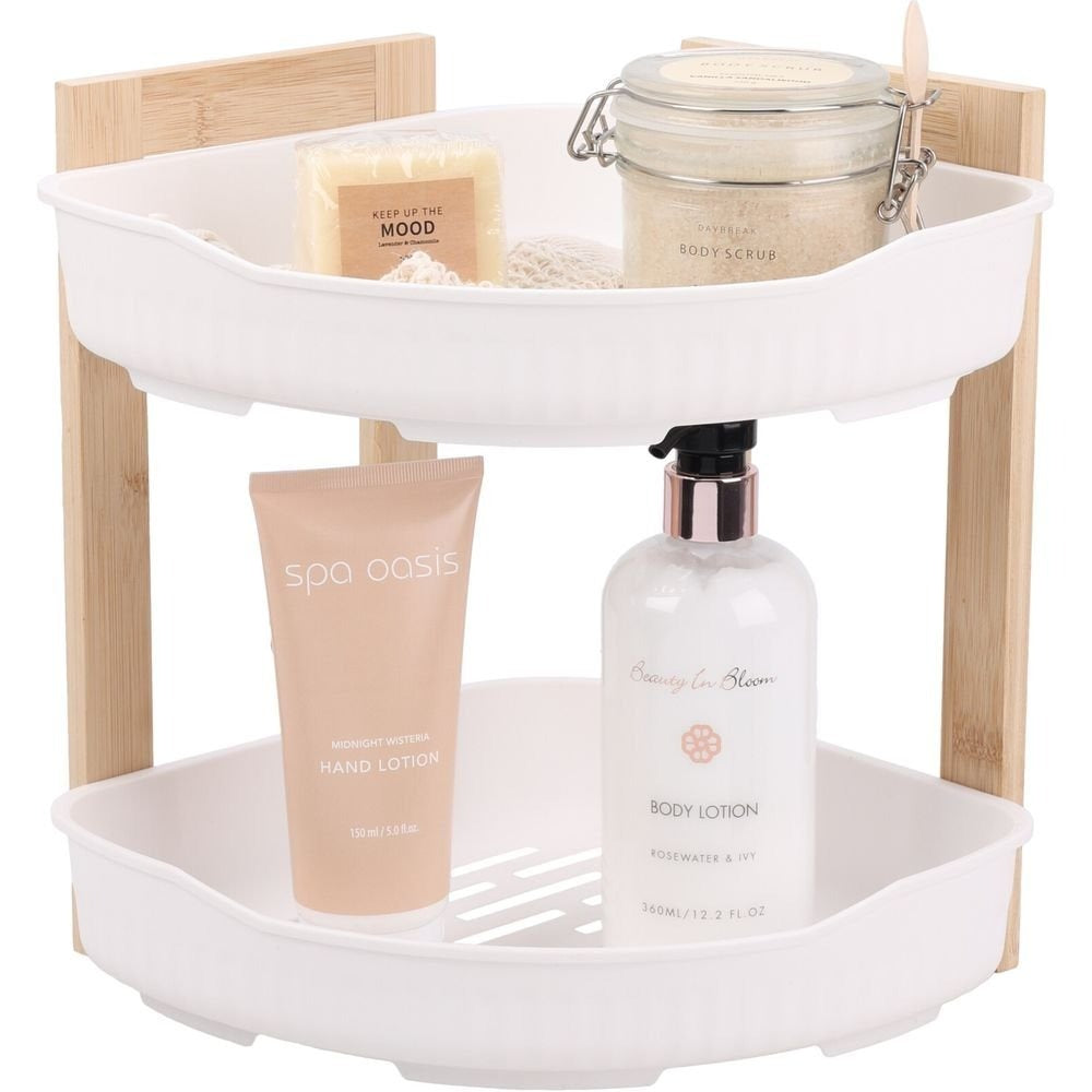 Bathroom Solutions 2 Tier Bathroom Storage Rack | White, Bamboo, 24 x 24 x 27cm