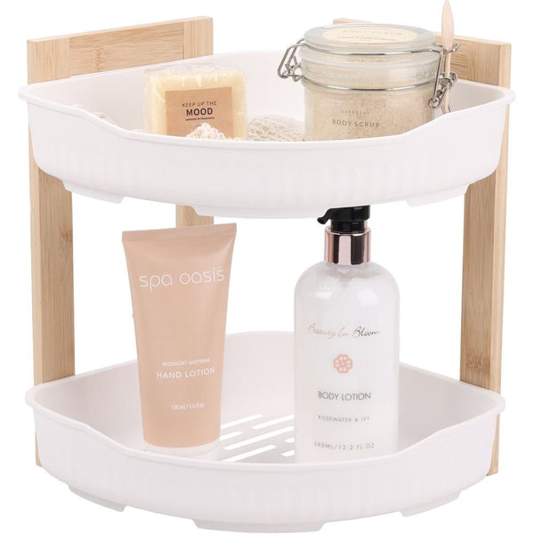 Bathroom Solutions 2 Tier Bathroom Storage Rack | White, Bamboo, 24 x 24 x 27cm