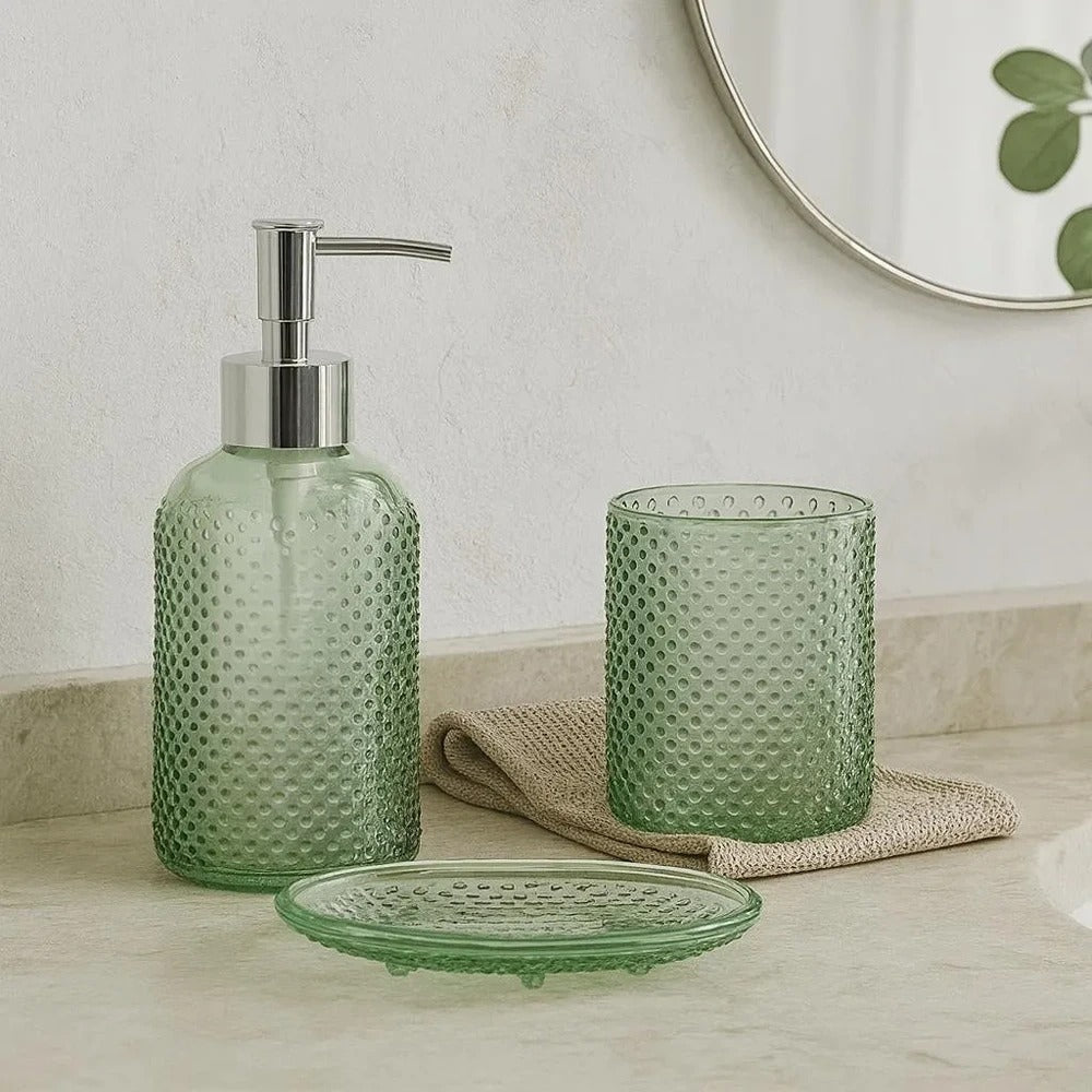 Glass Hobnail Bathroom Accessory Set | 3 Pieces, Assorted Colours