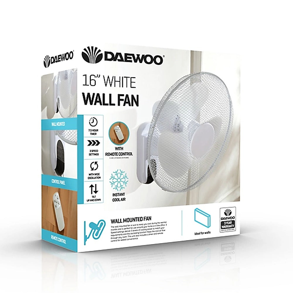 Daewoo 16 Inch Wall Fan with Remote Control | 3 Speeds, 7.5 Hour Timer
