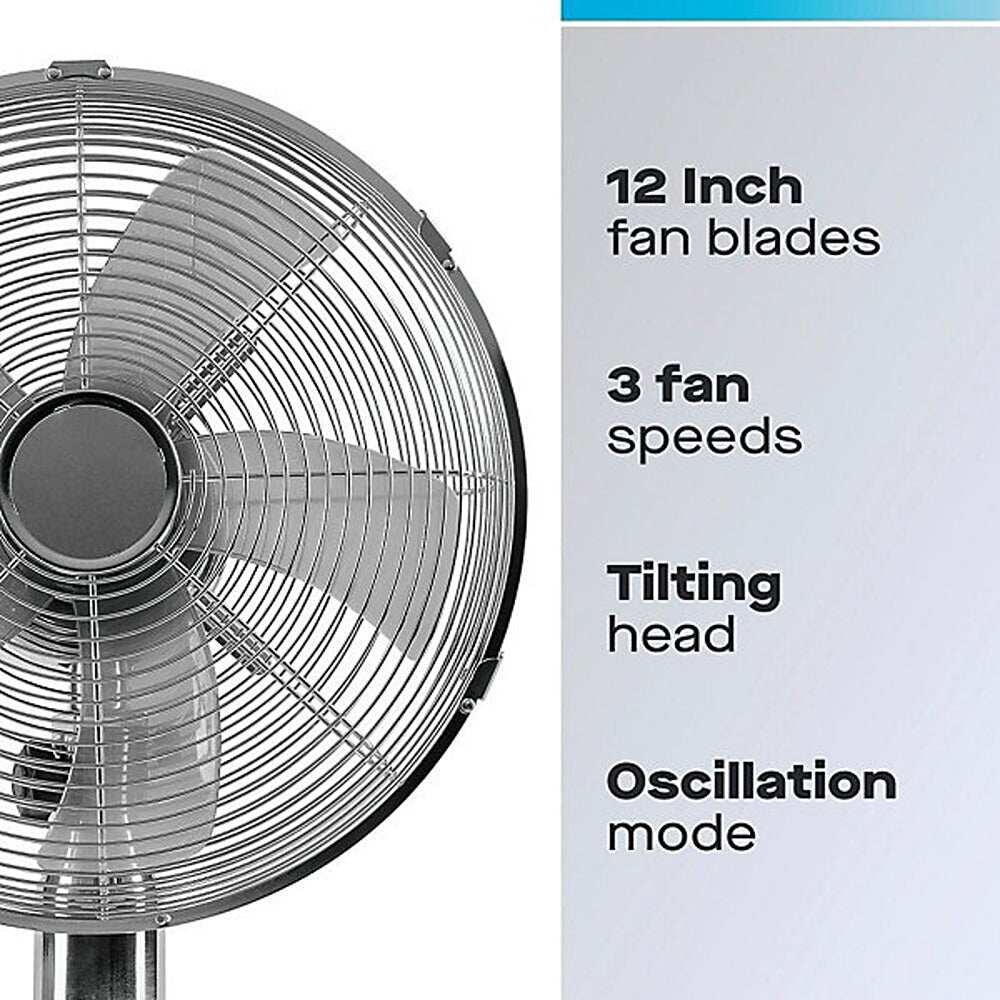 Daewoo 12 Inch Chrome Metal Desk Fan | Adjustable Tilt Head, Safety Grille