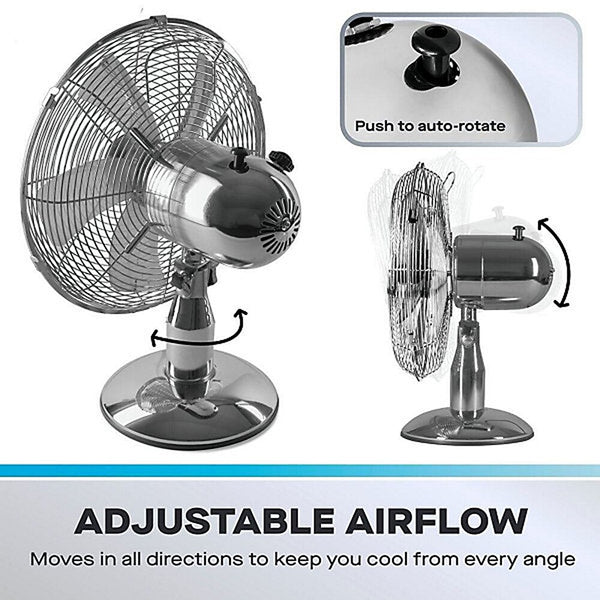 Daewoo 12 Inch Chrome Metal Desk Fan | Adjustable Tilt Head, Safety Grille