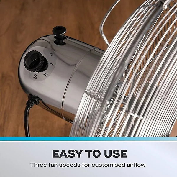 Daewoo 12 Inch Chrome Metal Desk Fan | Adjustable Tilt Head, Safety Grille