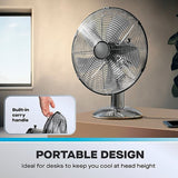 Daewoo 12 Inch Chrome Metal Desk Fan | Adjustable Tilt Head, Safety Grille