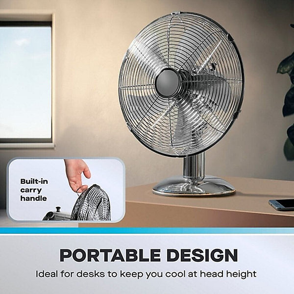 Daewoo 12 Inch Chrome Metal Desk Fan | Adjustable Tilt Head, Safety Grille
