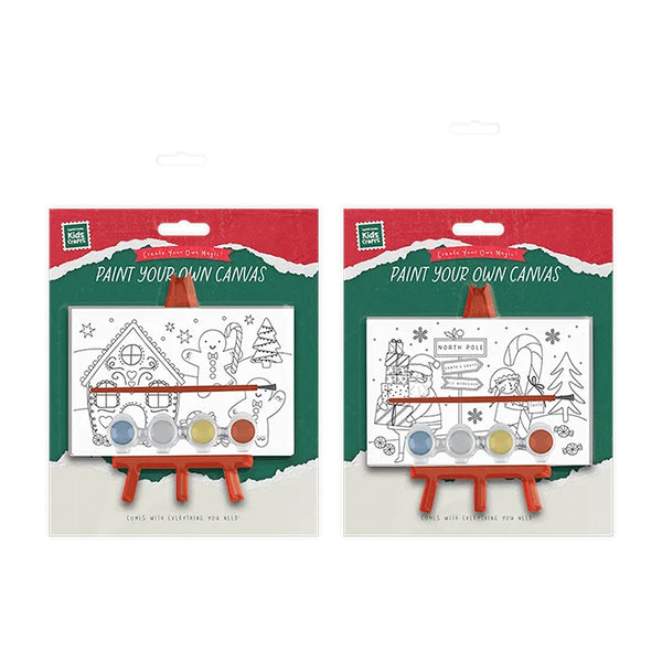 Christmas Paint Your Own Canvas Kit | Mini Easel Stand, Five-Colour Paints