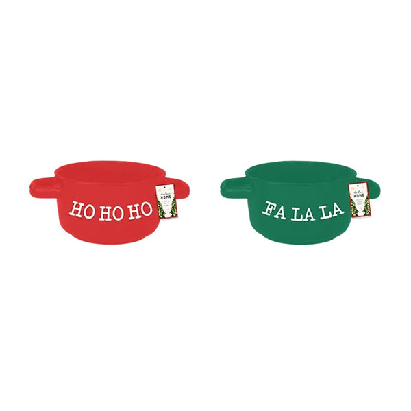 Christmas Festive Dual-Handle Soup Bowl | Red HO HO HO or Green FA LA LA
