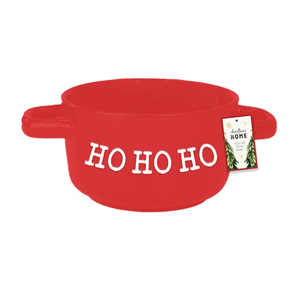 Christmas Festive Dual-Handle Soup Bowl | Red HO HO HO or Green FA LA LA