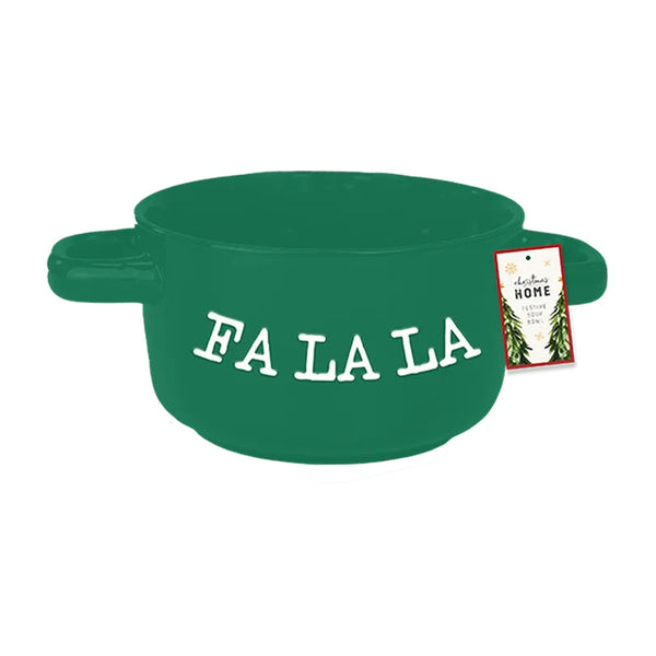 Christmas Festive Dual-Handle Soup Bowl | Red HO HO HO or Green FA LA LA