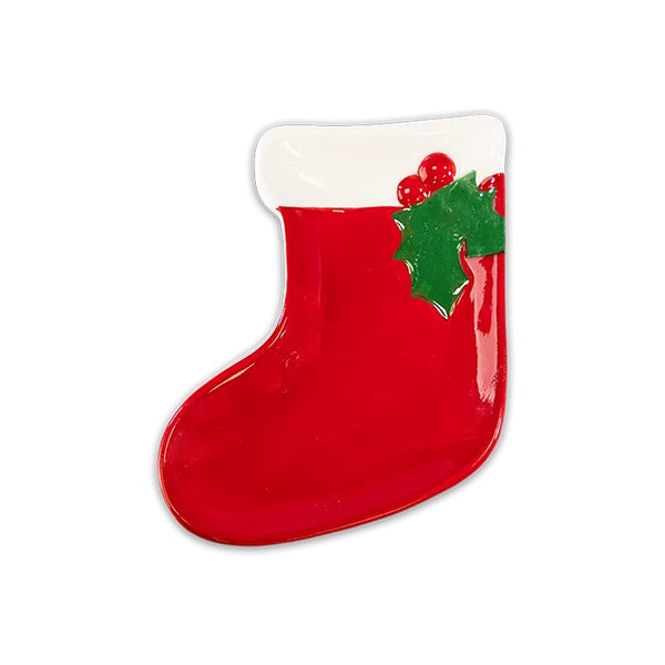 Christmas Stocking Ceramic Plate Holiday Decor | Red, White Cuff, Holly Accent