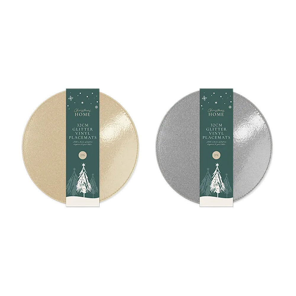 Christmas Glitter Vinyl Round Placemats | 32cm, Pack of 2, Wipe-Clean