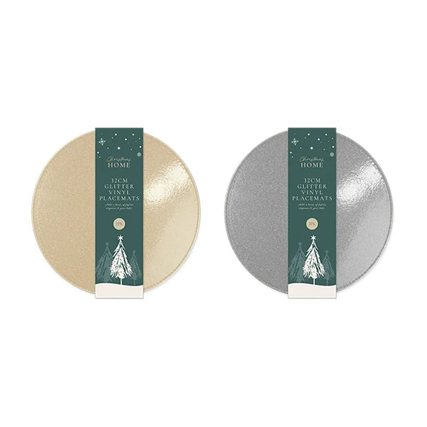 Christmas Glitter Vinyl Round Placemats | 32cm, Pack of 2, Wipe-Clean