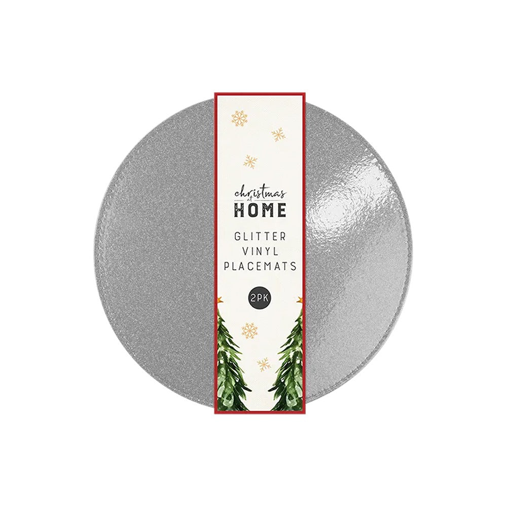 Christmas Glitter Vinyl Round Placemats | 32cm, Pack of 2, Wipe-Clean