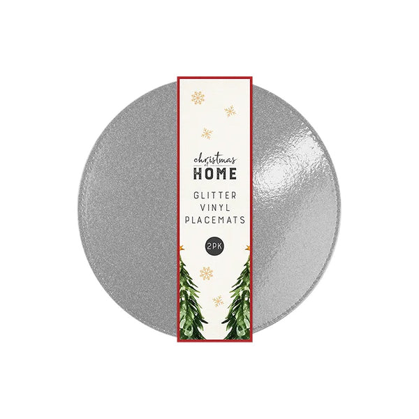 Christmas Glitter Vinyl Round Placemats | 32cm, Pack of 2, Wipe-Clean