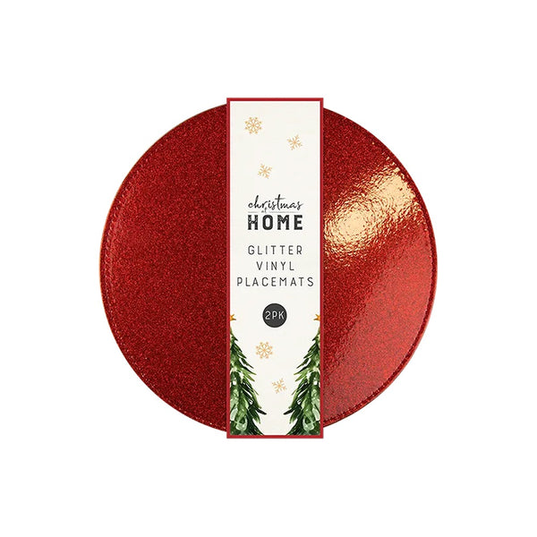 Christmas Glitter Vinyl Round Placemats | 32cm, Pack of 2, Wipe-Clean