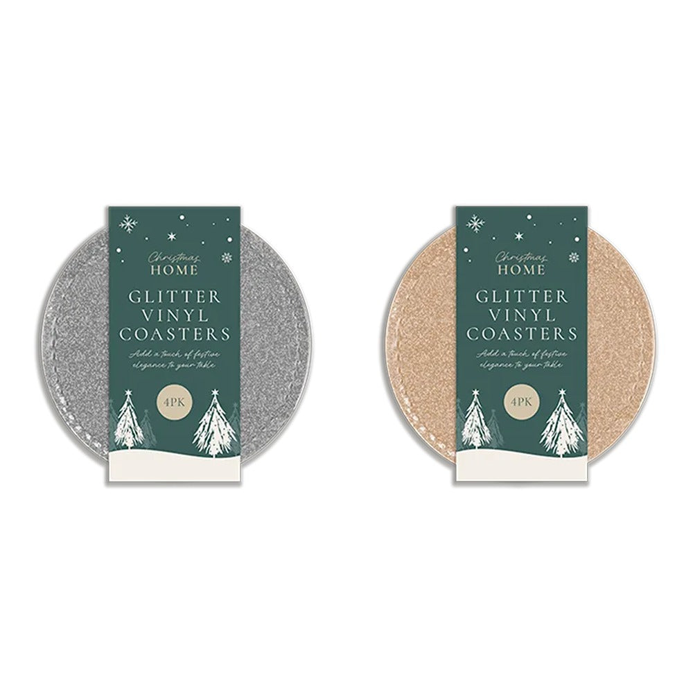 Christmas Glitter Vinyl Coasters | 12cm, Silver & Champagne Gold, Pack of 4