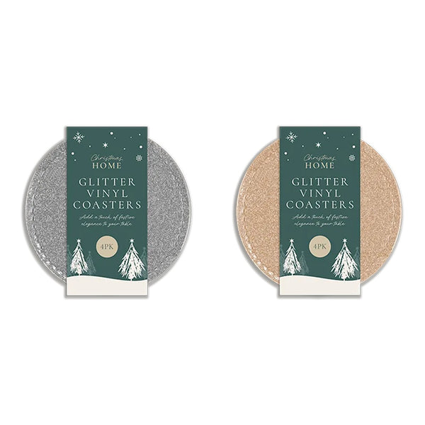 Christmas Glitter Vinyl Coasters | 12cm, Silver & Champagne Gold, Pack of 4