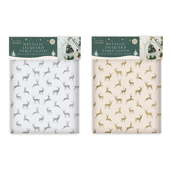 Christmas Metallic Jacquard Tablecloth | Deer Motif, Silver-White or Gold-Cream