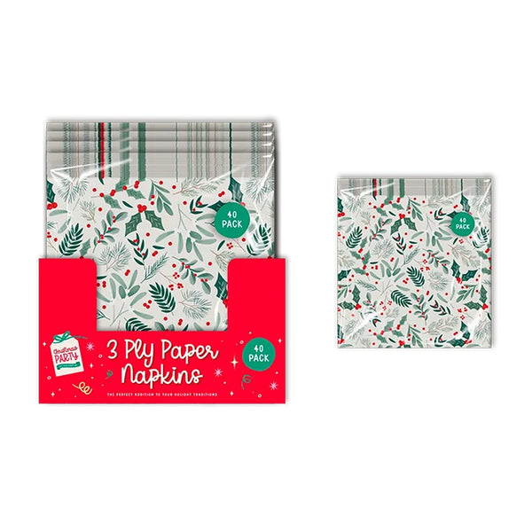 Christmas Printed 3-Ply Paper Napkins | Pack of 40, Holly and Berry Designs