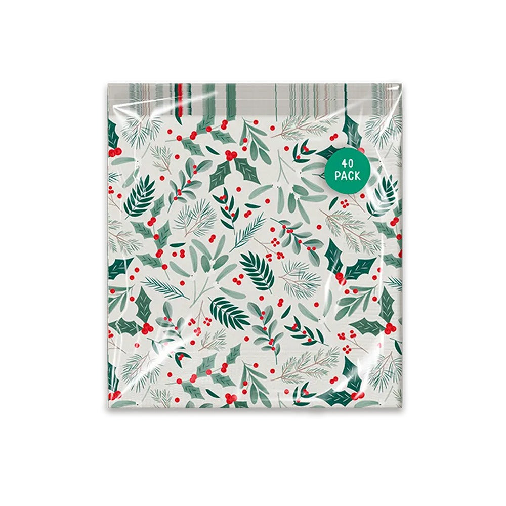 Christmas Printed 3-Ply Paper Napkins | Pack of 40, Holly and Berry Designs