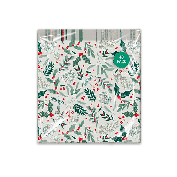 Christmas Printed 3-Ply Paper Napkins | Pack of 40, Holly and Berry Designs