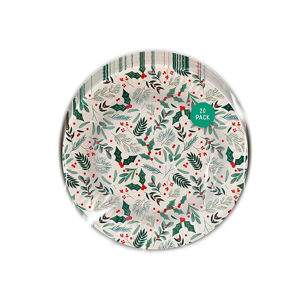 Christmas Printed Paper Plates | Pack of 20, Holly and Berry, Disposable, Round