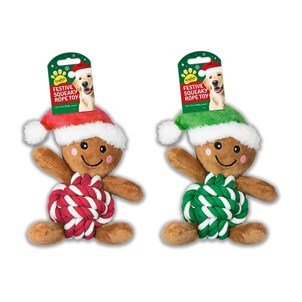 Christmas Gingerbread Man Rope Plush Dog Toy | Squeaker, Assorted Colours