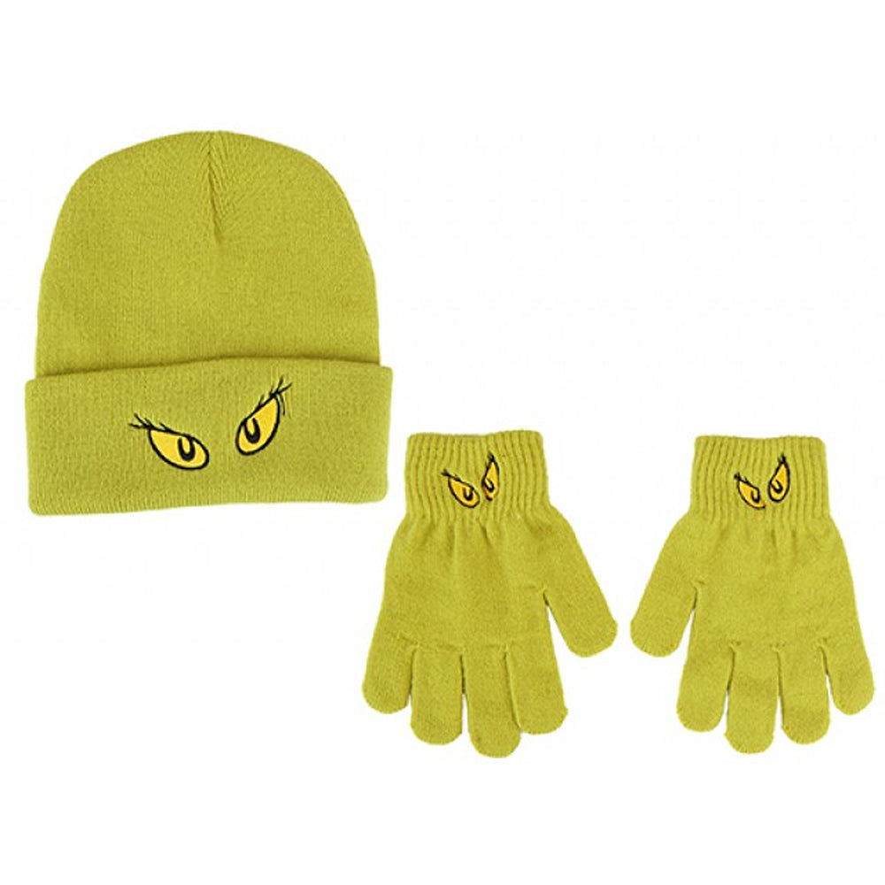 Christmas Grinch Kids Beanie and Gloves Set | Neon Yellow-Green, Eye Embroidery