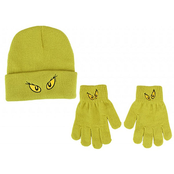 Christmas Grinch Kids Beanie and Gloves Set | Neon Yellow-Green, Eye Embroidery