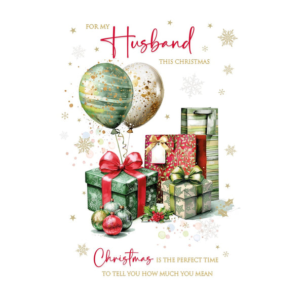 Husband Christmas Card | Presents and Balloons Design