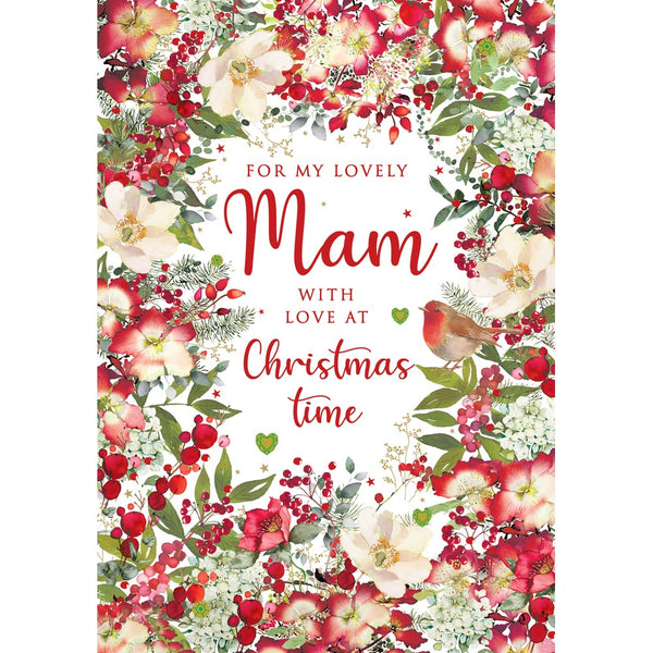 Watermark Christmas Card for Mam | Red Floral & Robins Design