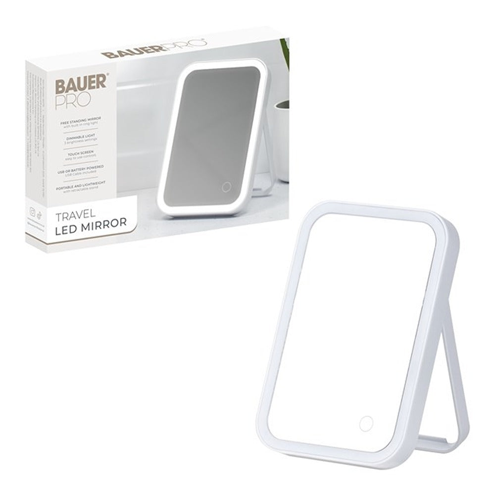 Bauer Portable LED Makeup Mirror with Stand | Dimmable Light, USB or Battery