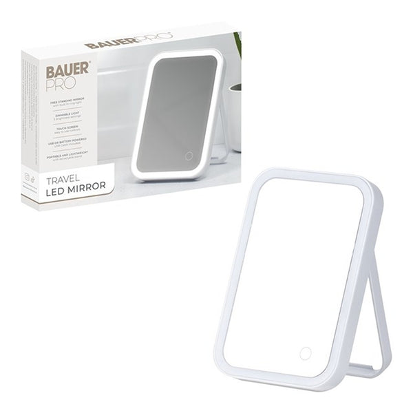 Bauer Portable LED Makeup Mirror with Stand | Dimmable Light, USB or Battery
