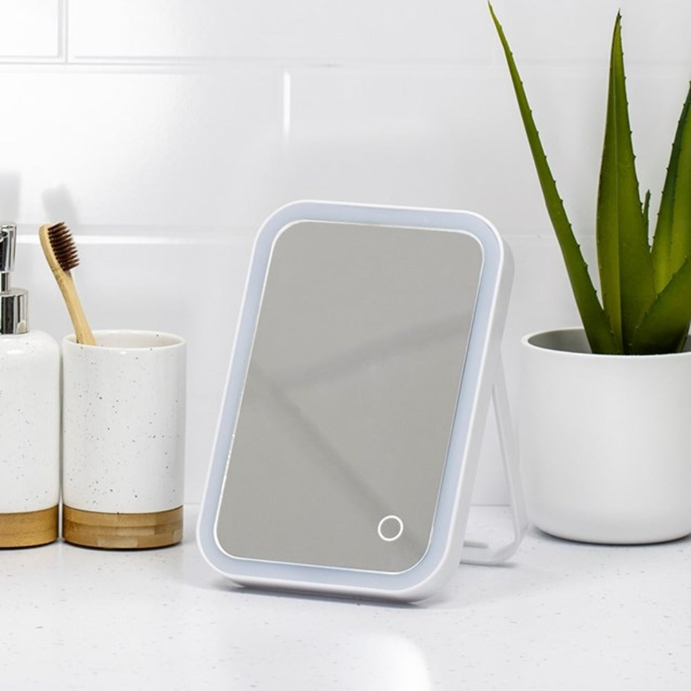 Bauer Portable LED Makeup Mirror with Stand | Dimmable Light, USB or Battery