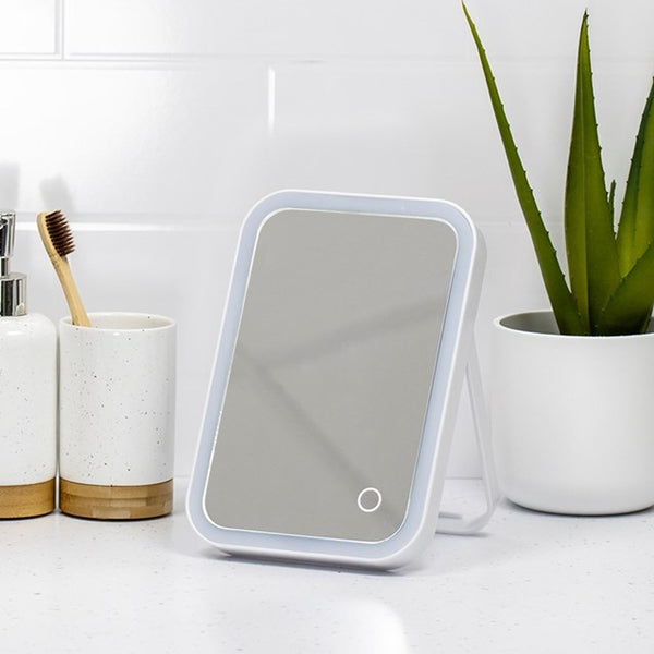 Bauer Portable LED Makeup Mirror with Stand | Dimmable Light, USB or Battery